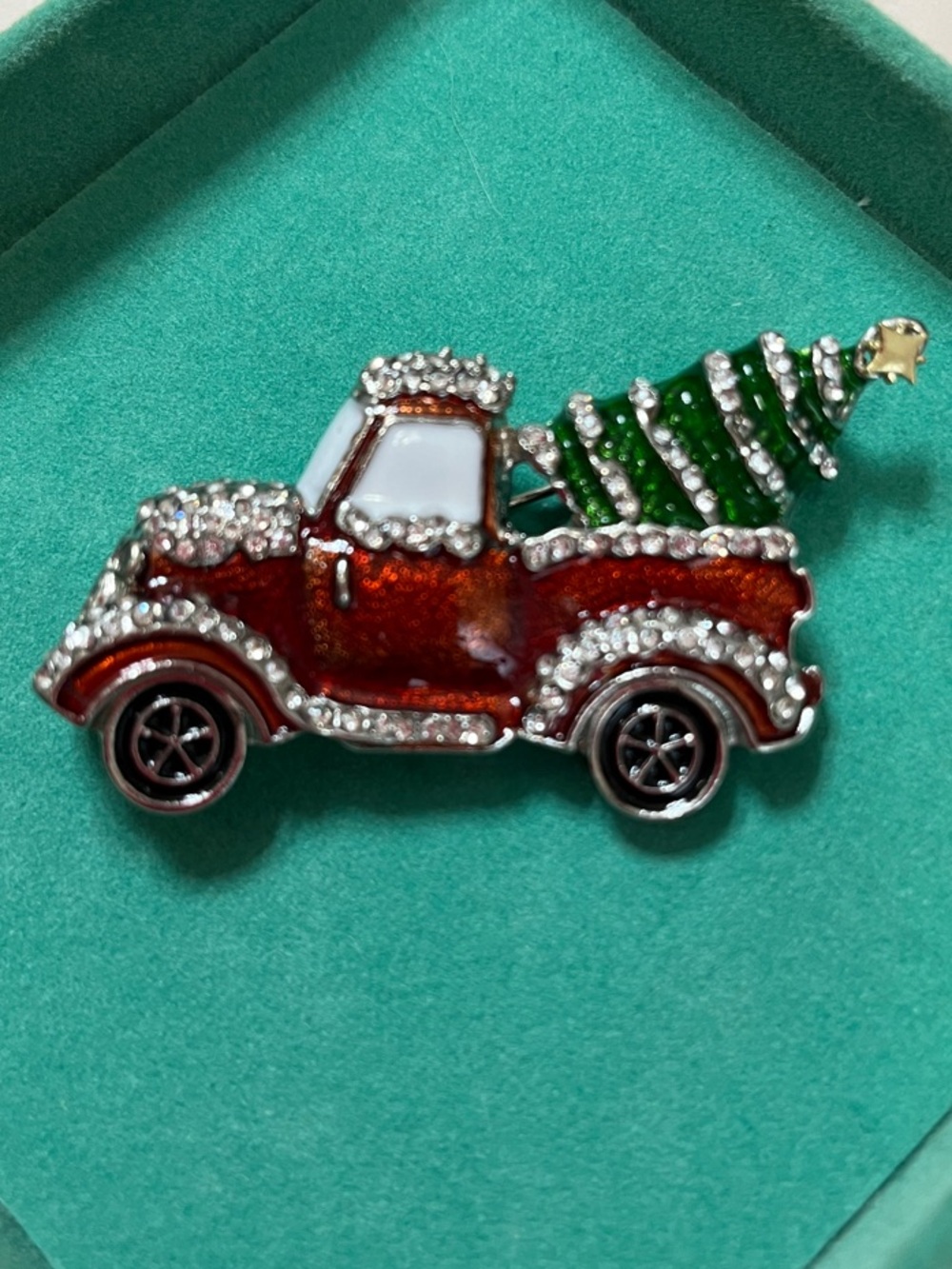Festive Red Truck Brooch with Christmas Tree